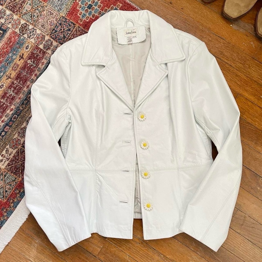 80s Vintage Neiman Marcus White Leather Jacket Daisy Buttons Size Medium